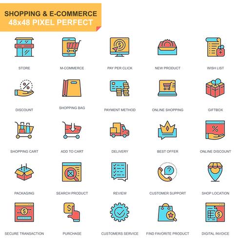 Conjunto de ícones de compras e comércio eletrônico vetor