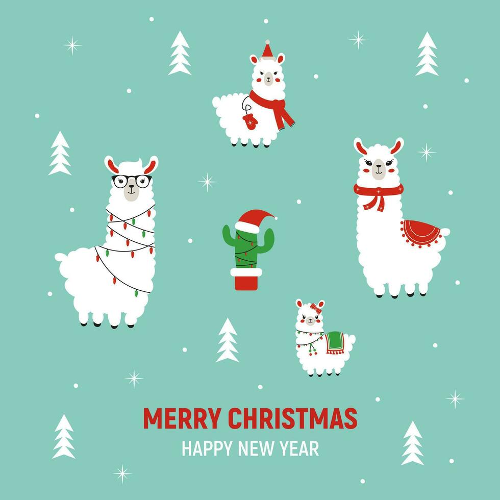 Novo anos conjunto do família alpaca. vetor ilustração para Natal cartão, camiseta, Projeto isolado fundo