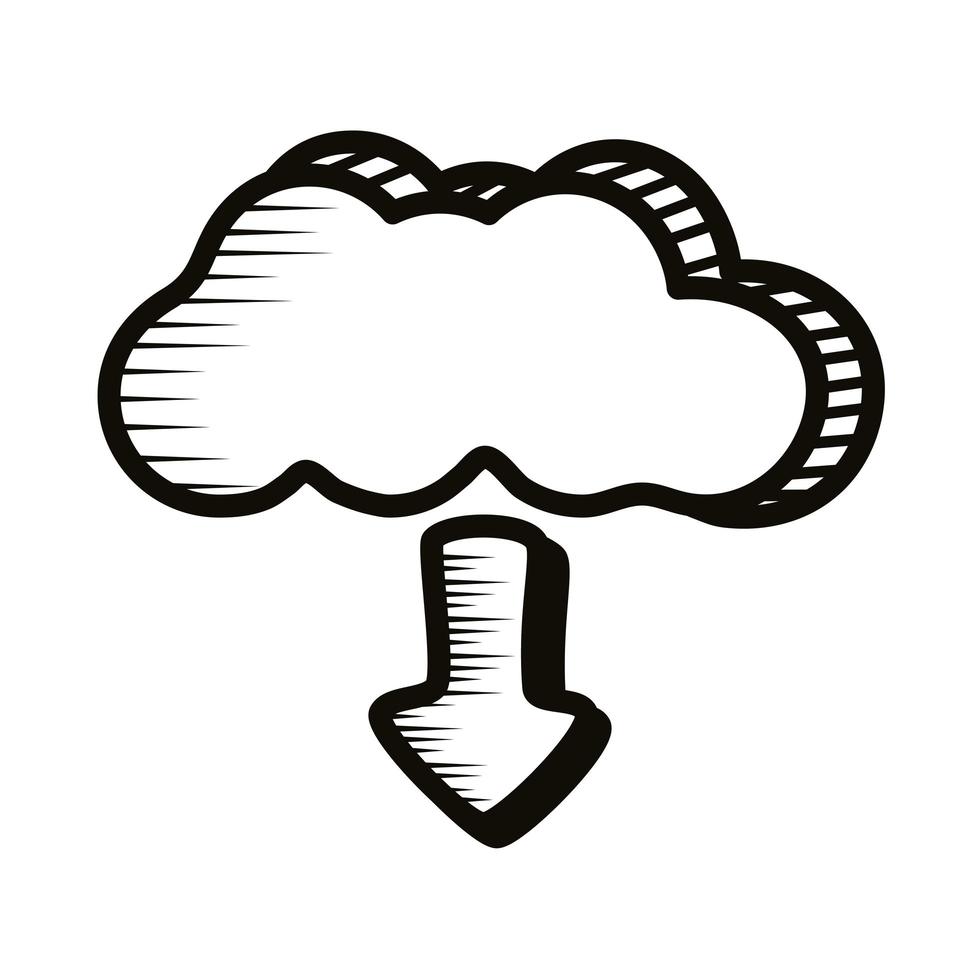 computação em nuvem baixar ícone de estilo de linha de doodle vetor