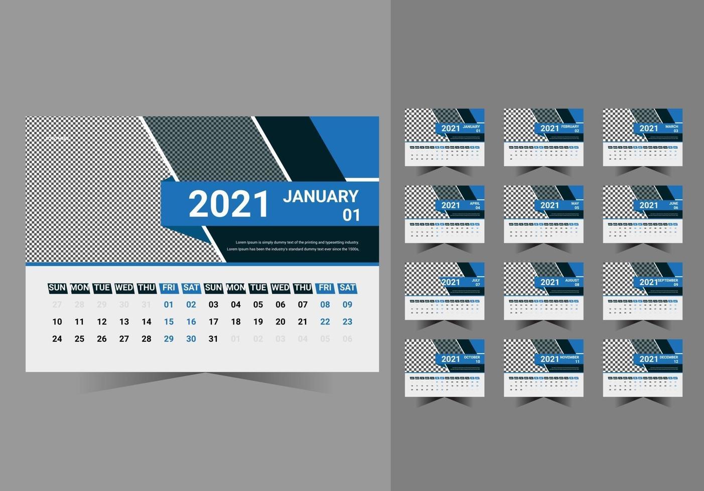 modelo de calendário de mesa para empresa de negócios corporativos com design criativo azul 2021 vetor