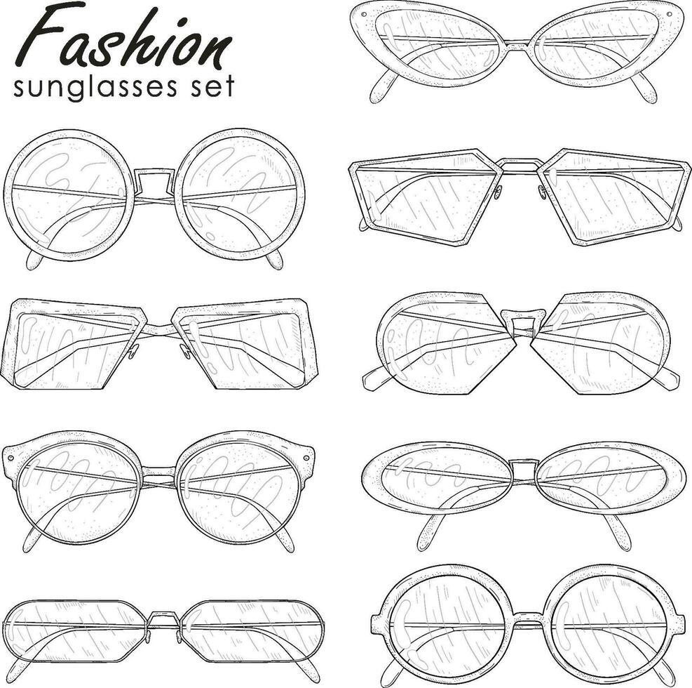 moda oculos de sol conjunto . mão desenhado óculos coleção, vintage, moderno e futurista vetor