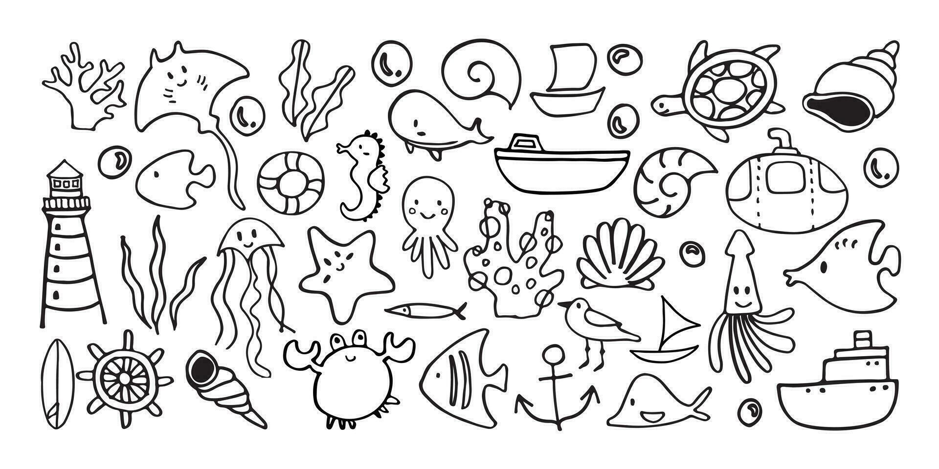 conjunto do fofa marinho rabisco arte ilustração vetor