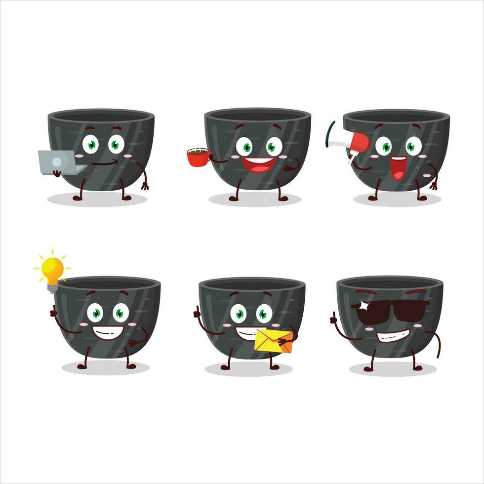 Preto cerâmico tigela desenho animado personagem com vários tipos do o negócio emoticons vetor