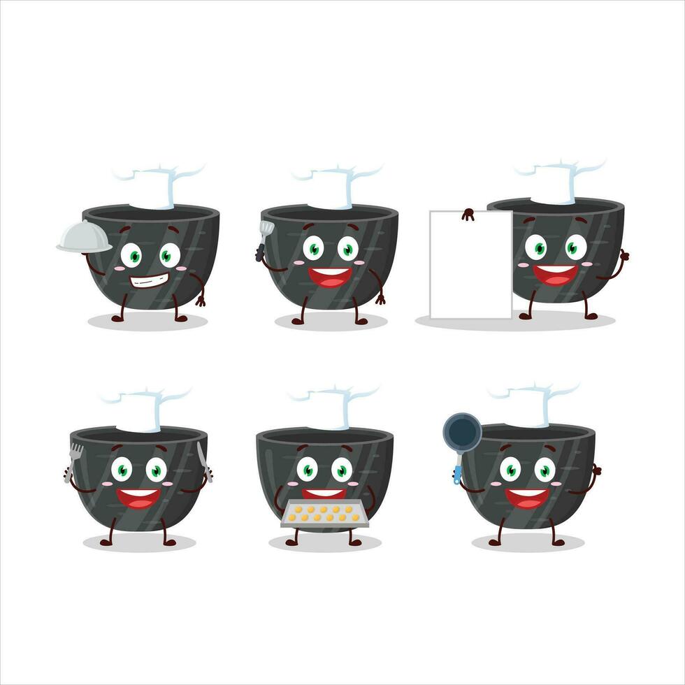 desenho animado personagem do Preto cerâmico tigela com vários chefe de cozinha emoticons vetor