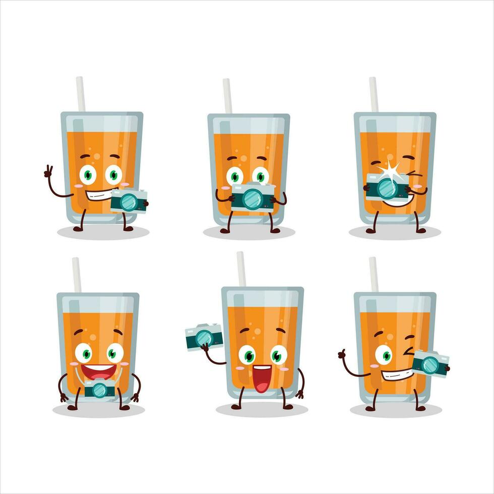 fotógrafo profissão emoticon com laranja suco desenho animado personagem vetor