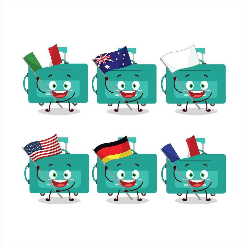 mini bagagem desenho animado personagem trazer a bandeiras do vários países vetor