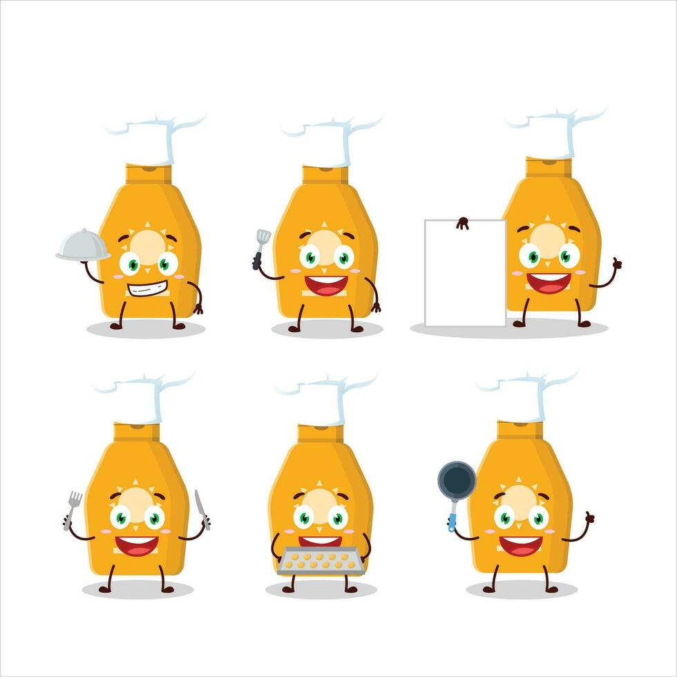 desenho animado personagem do loção protetor solar com vários chefe de cozinha emoticons vetor