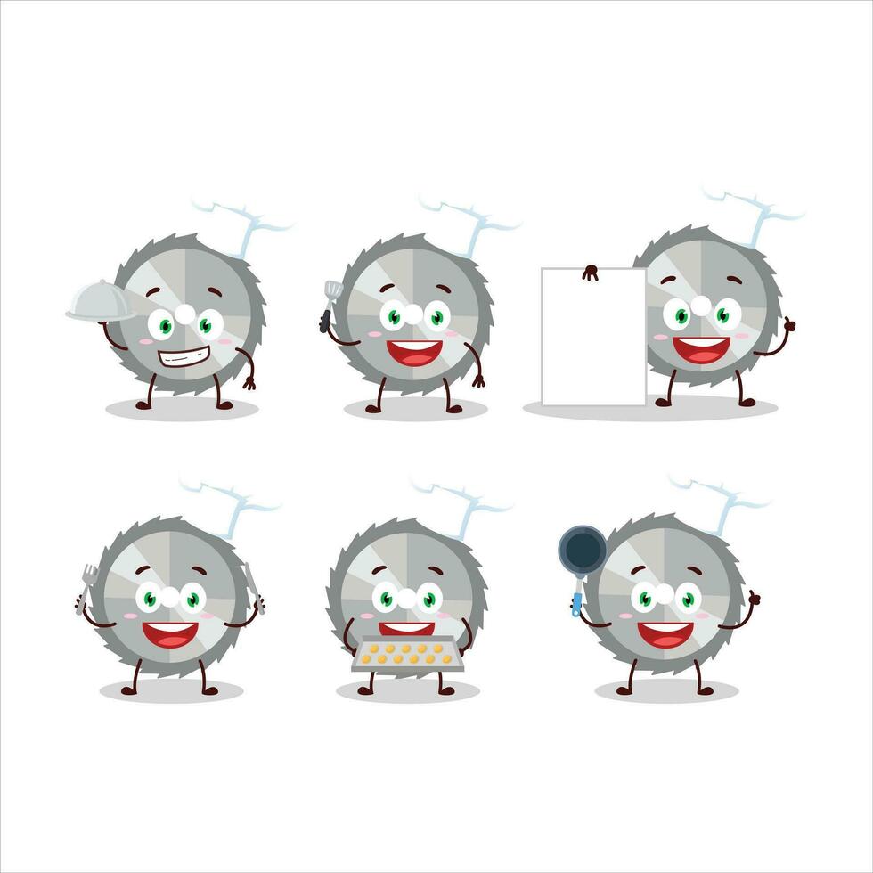 desenho animado personagem do mão Serra com vários chefe de cozinha emoticons vetor