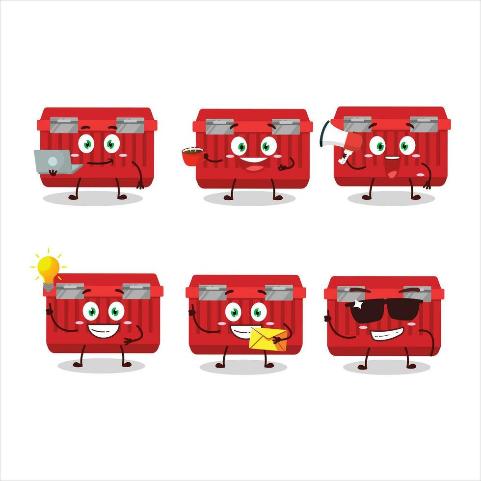 vermelho Caixa de ferramentas desenho animado personagem com vários tipos do o negócio emoticons vetor