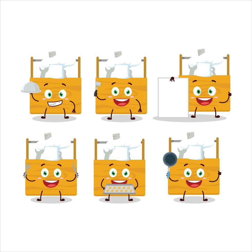 desenho animado personagem do de madeira Caixa de ferramentas com vários chefe de cozinha emoticons vetor