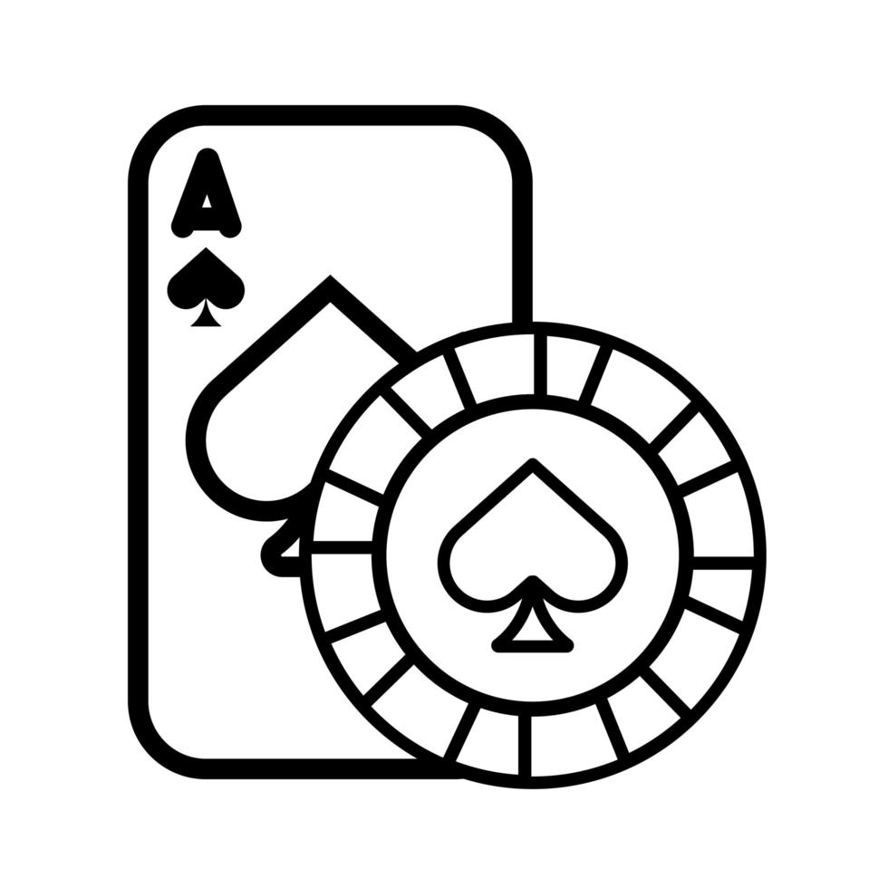 cartão de pôquer de cassino e ficha com ícone de pá isolada vetor