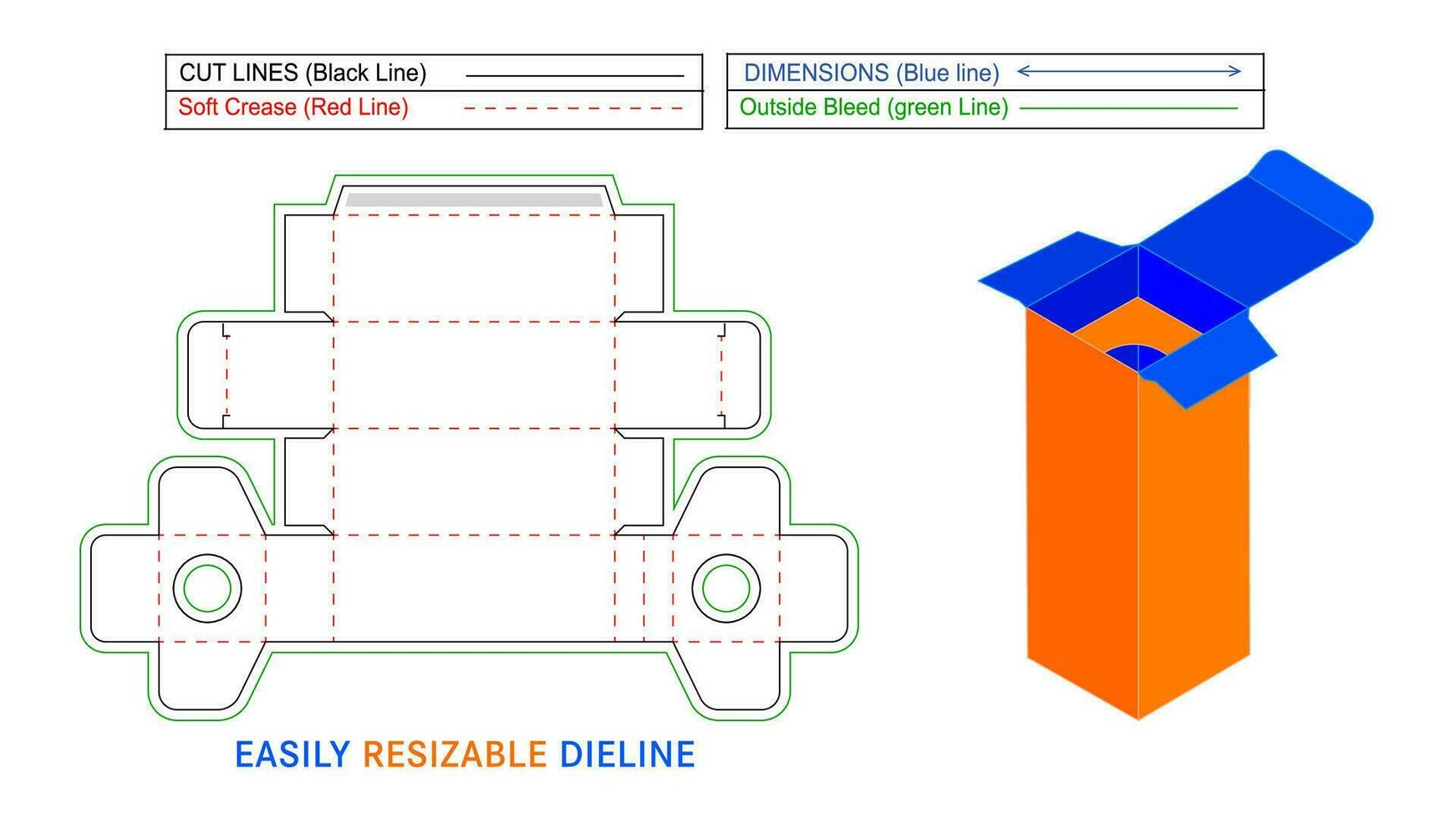 em linha reta dobrar fim caixa com produtos suporte inserir dieline modelo e 3d caixa, facilmente editável e redimensionável vetor