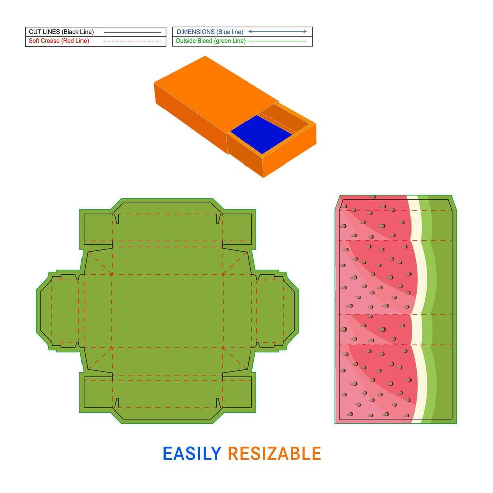 Melancia sabor chocolate caixa embalagem Projeto impressão pronto arquivo, gaveta manga Combine caixa dieline modelo e 3d caixa vetor
