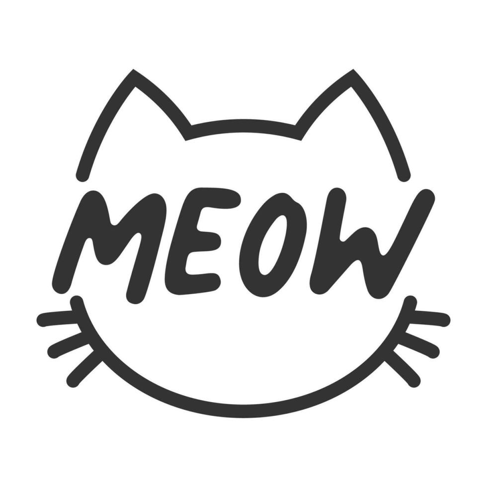 Miau letras dentro gato cabeça pictograma, com orelhas e bigodes. fofa Projeto para felino amantes e gato mães. vetor