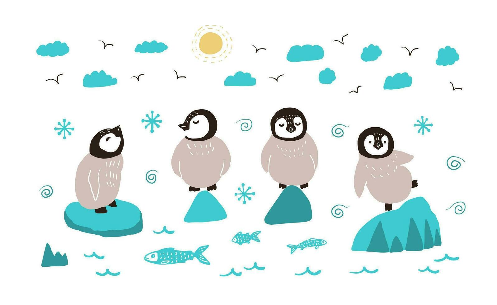 conjunto do fofa desenho animado bebê pinguins em pé em icebergs dentro Antártica e tendo Diversão em uma ensolarado inverno dia. mão ilustração do pinguins para Natal Projeto. vetor