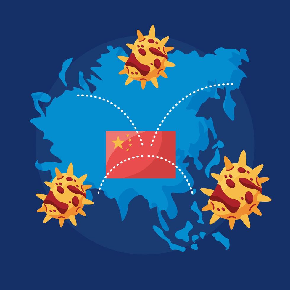 mundo planeta Terra com covid 19 partículas e bandeira da China vetor