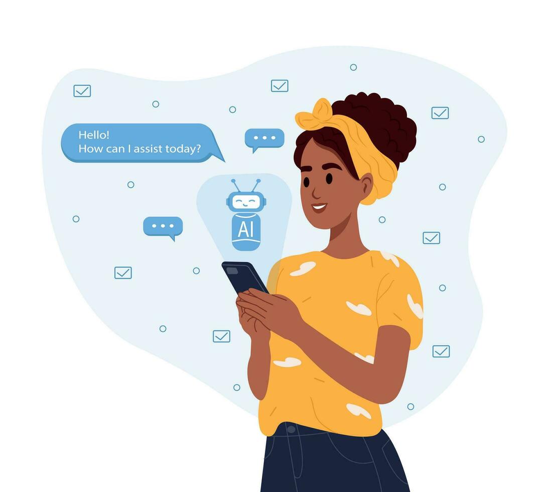 chatgpt ai bate-papo conceito, artificial inteligência. a africano americano mulher usa a tecnologia do uma inteligente ai robô. diálogo entre a ai assistente e a do utilizador dentro a mensageiro. vetor