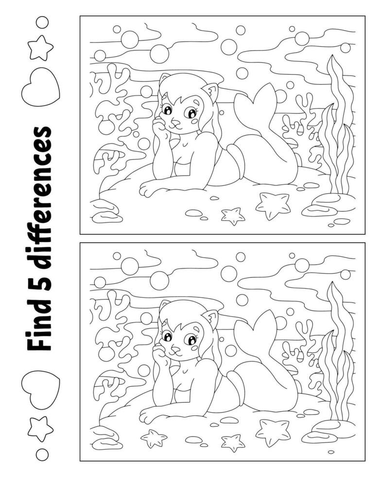 encontrar cinco diferenças. página para colorir para crianças. ficha de atividades para crianças. ilustração vetorial isolada no fundo branco. vetor