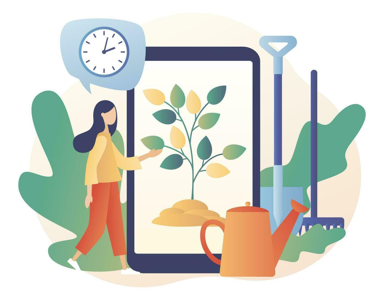 crescendo plantas dentro Smartphone aplicativo. jardinagem conceito. jardinagem equipamento plantio árvore. país vida. moderno plano desenho animado estilo. vetor ilustração em branco fundo