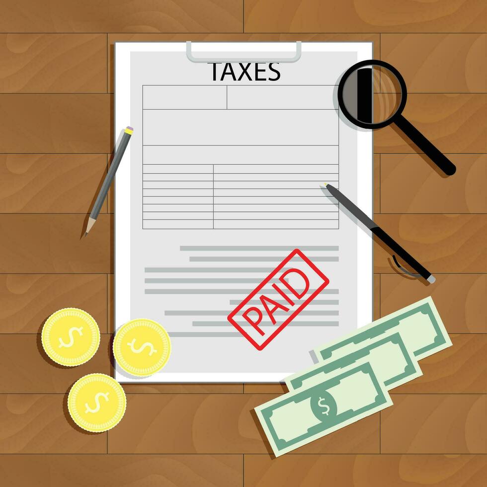 impostos pago vetor conceito. contabilidade pagando, imposto Formato Folha e nota de banco ilustração