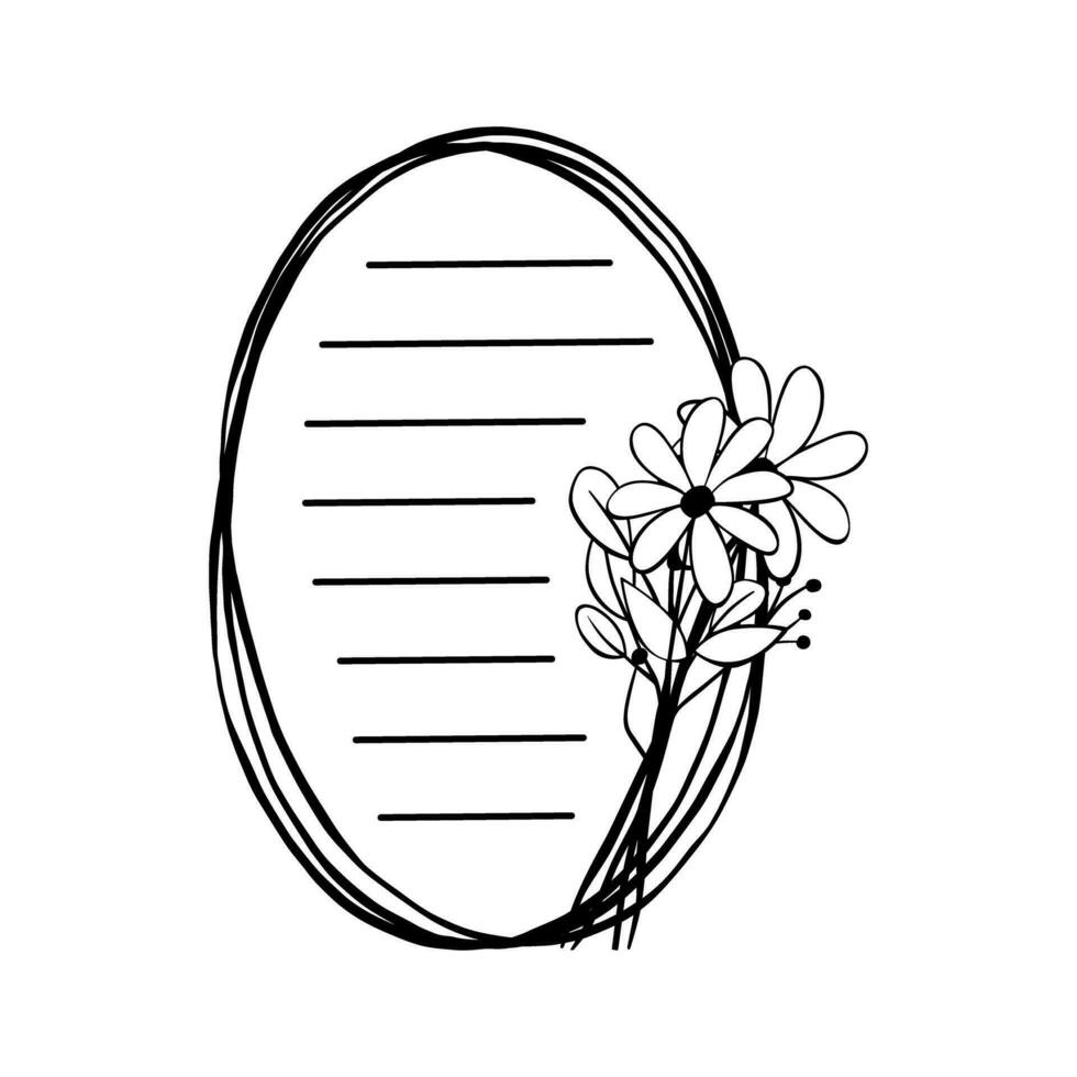 lindas flores, pólen e folhas em moldura oval tripla com linha preta para mensagem como papel de carta. ilustração vetorial sobre artigos de papelaria. vetor