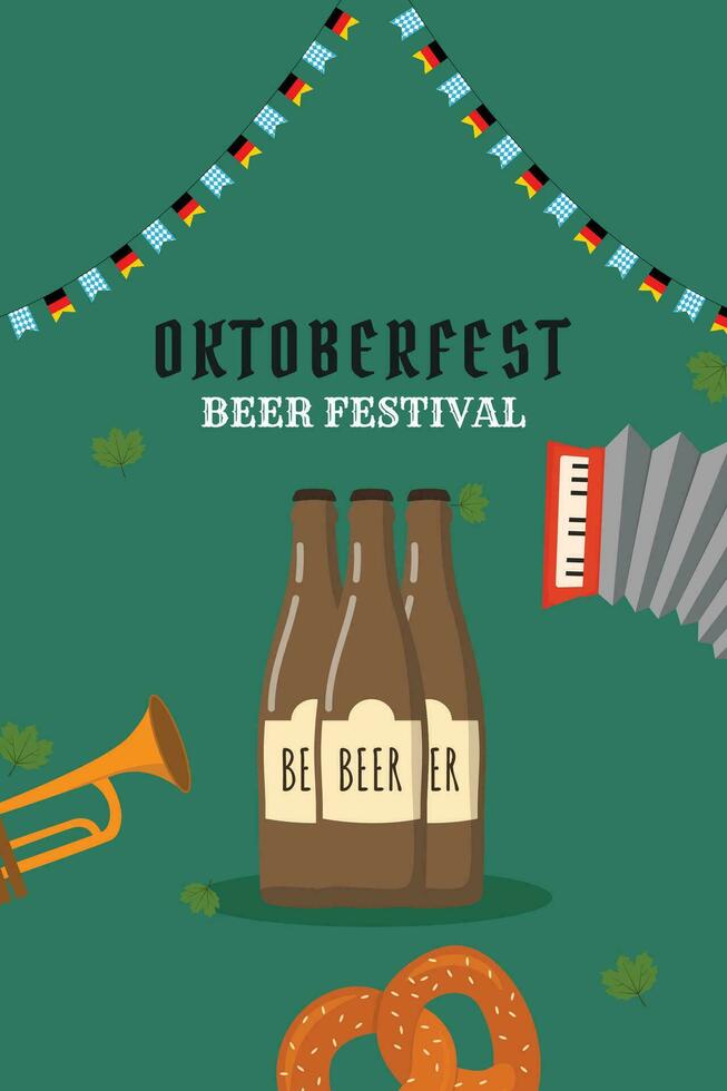 plano fundo para oktoberfest celebração. uma caneca do cerveja, uma garrafa do cerveja, uma pretzel, uma linguiça vetor