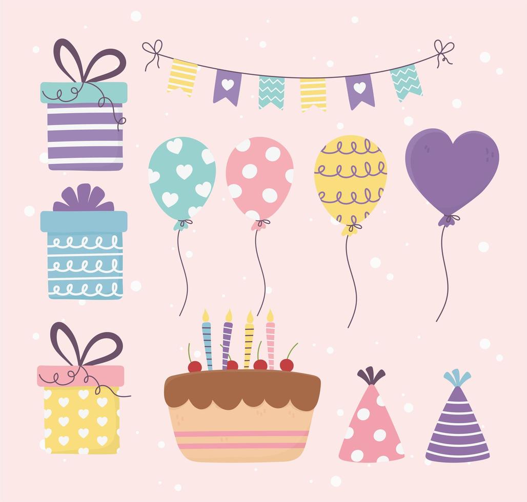 Bolo de aniversário, presentes, balões, decoração, celebração, feliz dia, conjunto vetor