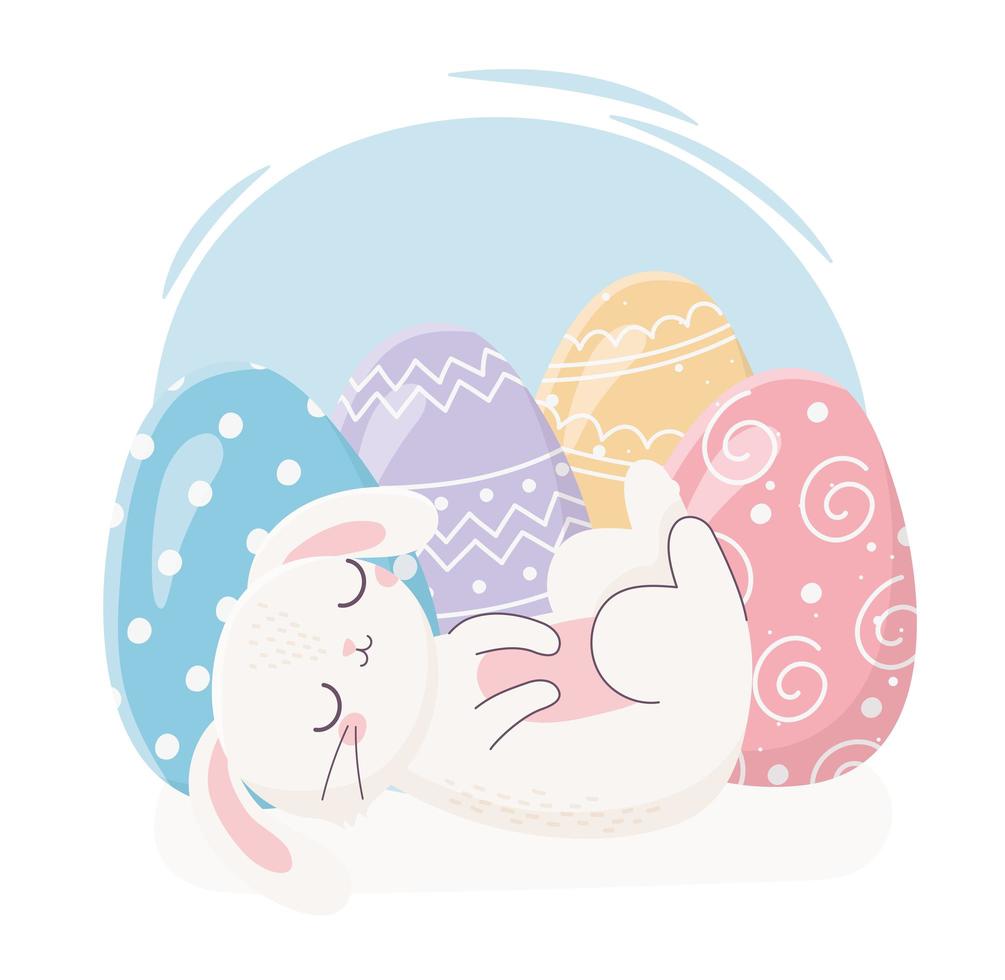Páscoa feliz coelho dormindo com celebração de decoração de ovos vetor