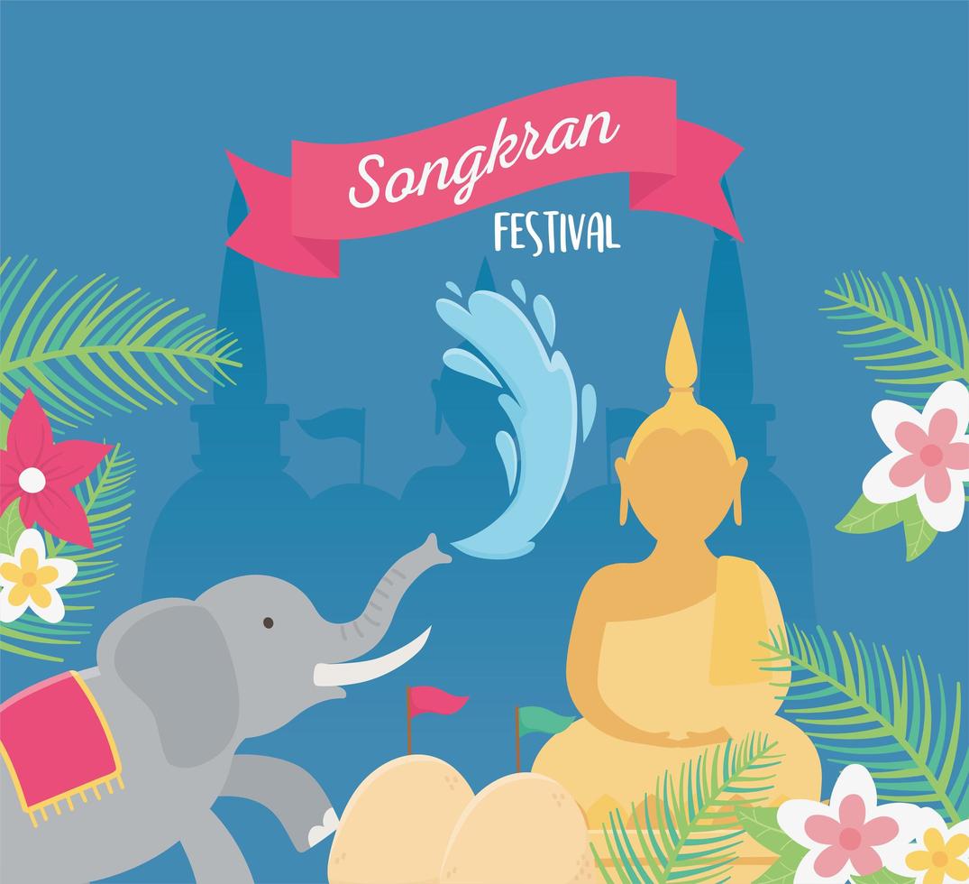 Songkran Festival Elefante Buda Água Flores Decoração Cartão vetor