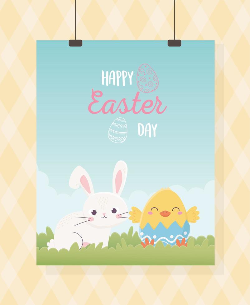 Feliz Páscoa pendurado cartão coelho fofo e frango na grama casca de ovo vetor