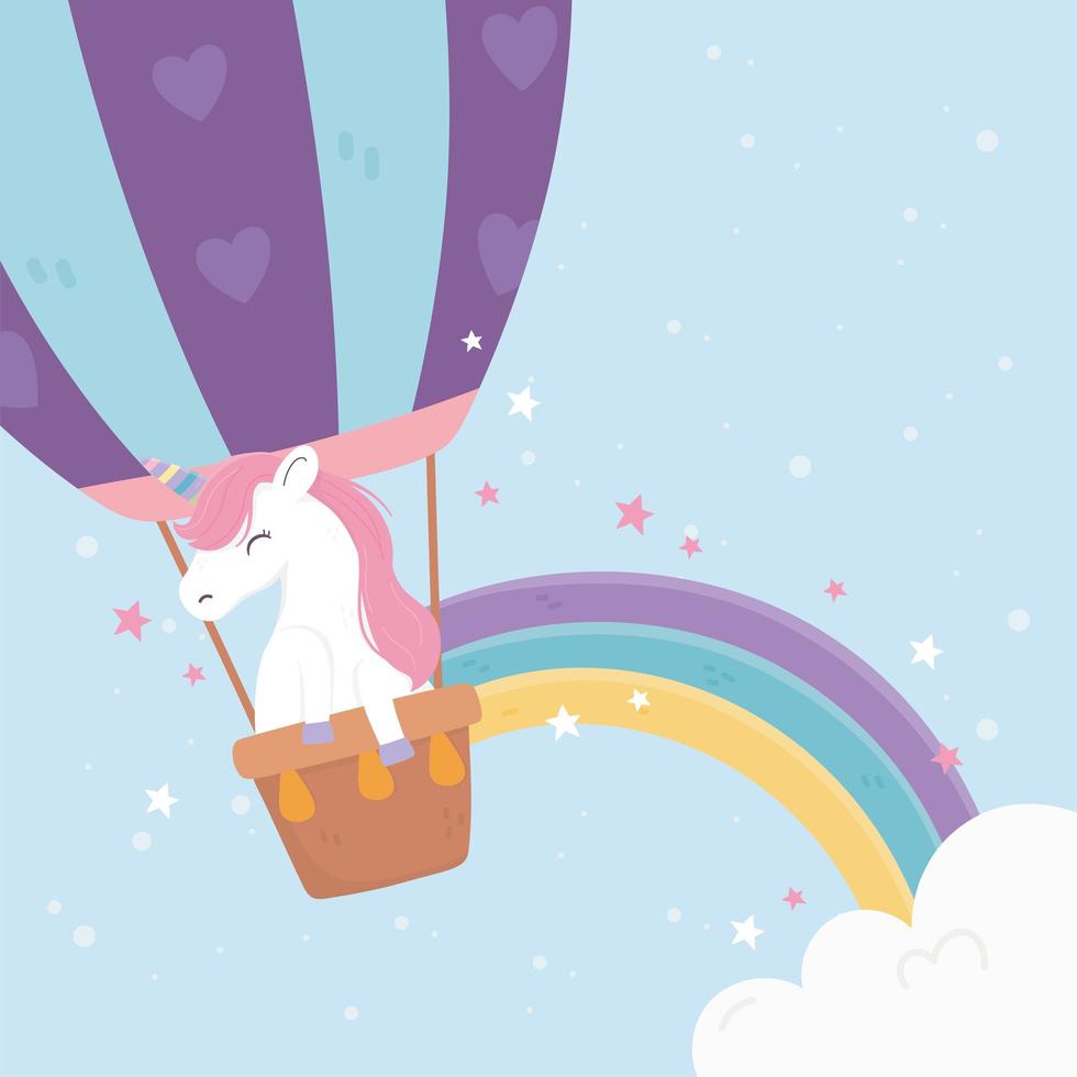 unicórnio voador balão de ar estrelas arco-íris fantasia mágica bonito desenho animado vetor