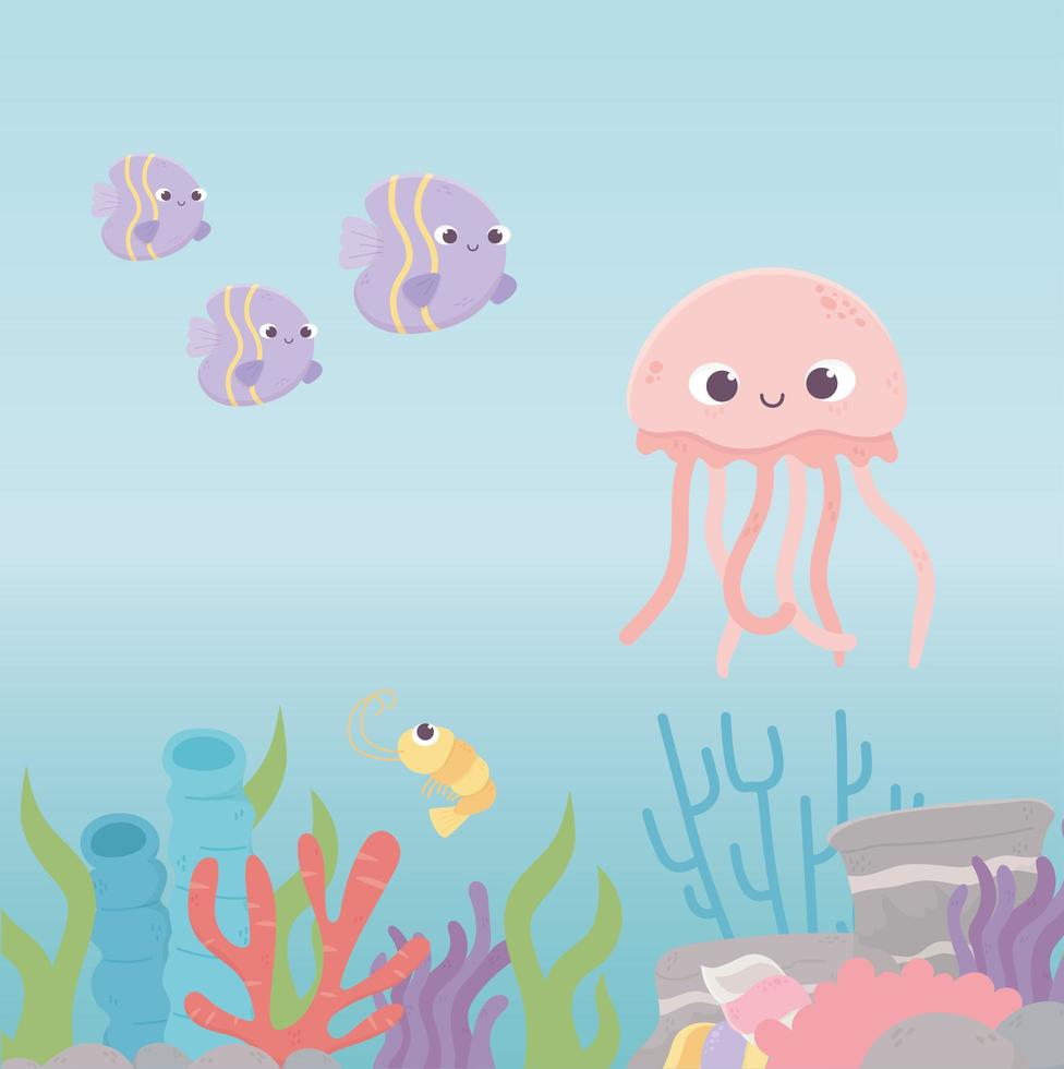 água-viva peixes camarão vida desenho animado recife de coral no fundo do mar vetor