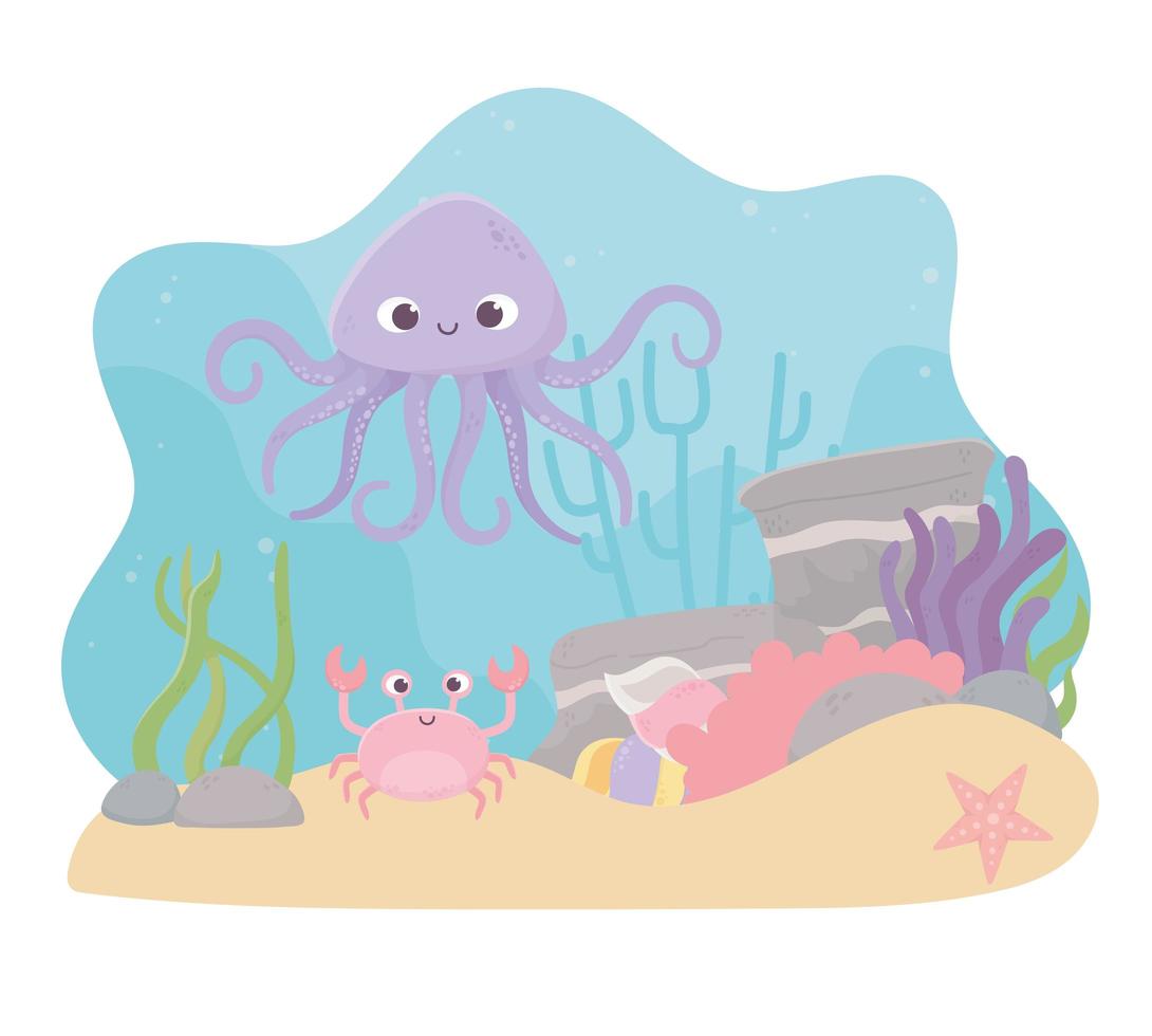 polvo caranguejo estrela do mar vida desenho animado recife de coral vetor