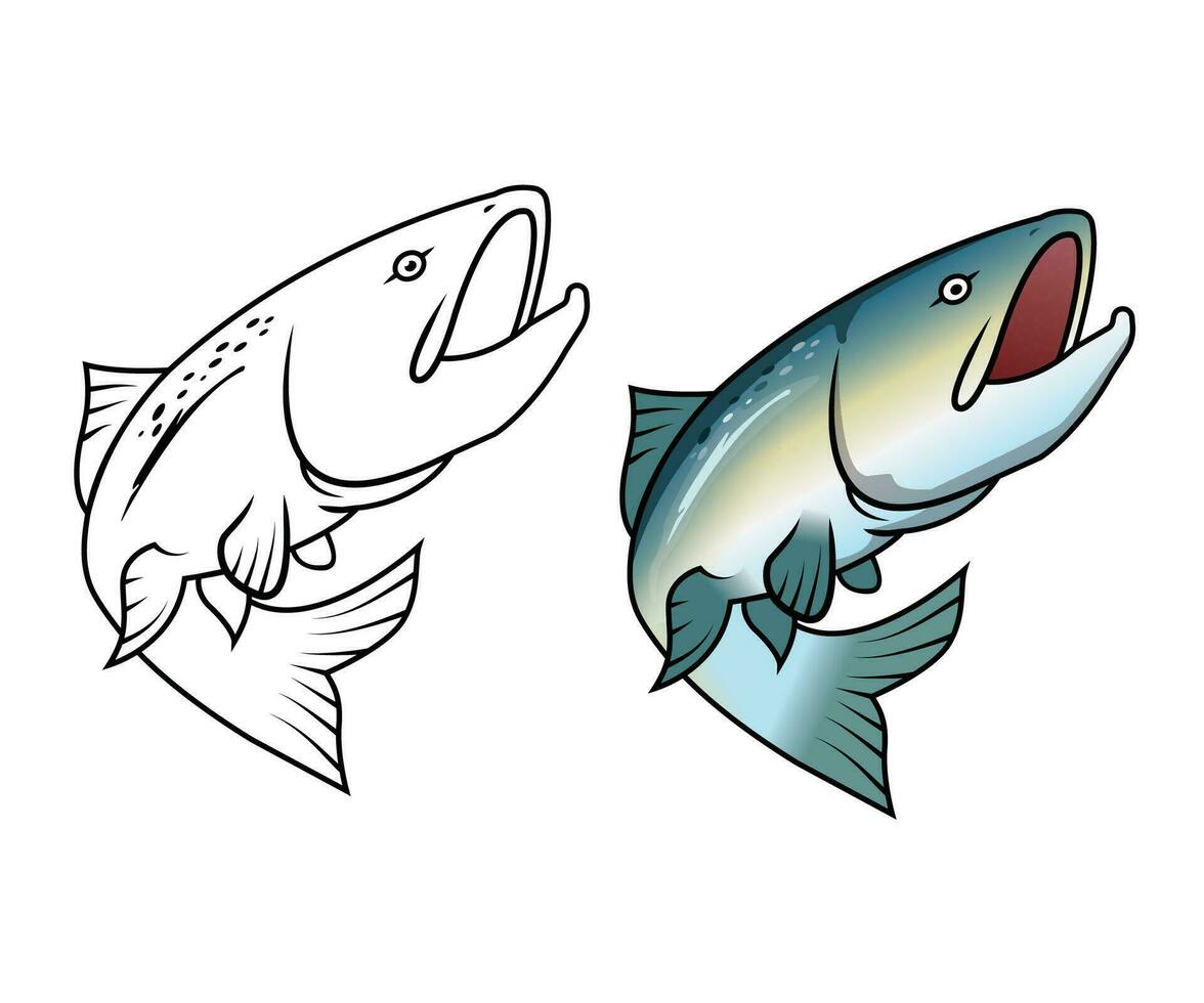 pulando salmão peixe dentro cor e monocromático versões , plano Projeto vetor