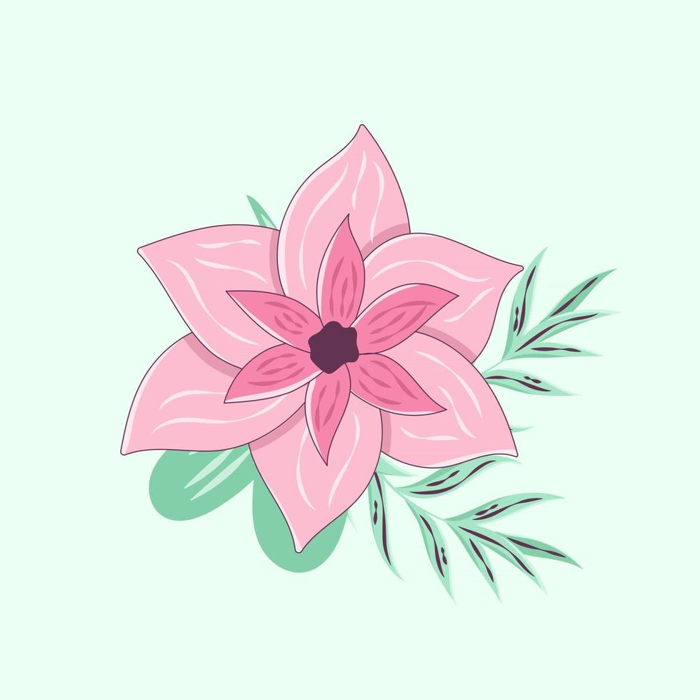 flor rosa tropical com grandes pétalas e folhas, isolada em um fundo branco. ícone de uma planta exótica. ilustração vetorial em um estilo de desenho animado moderno com uma borda estreita vetor