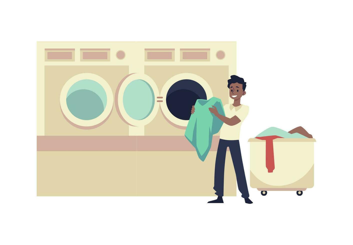 feliz homem leva roupas Fora ou cargas lavando máquina dentro público lavanderia - plano vetor ilustração isolado em branco fundo.
