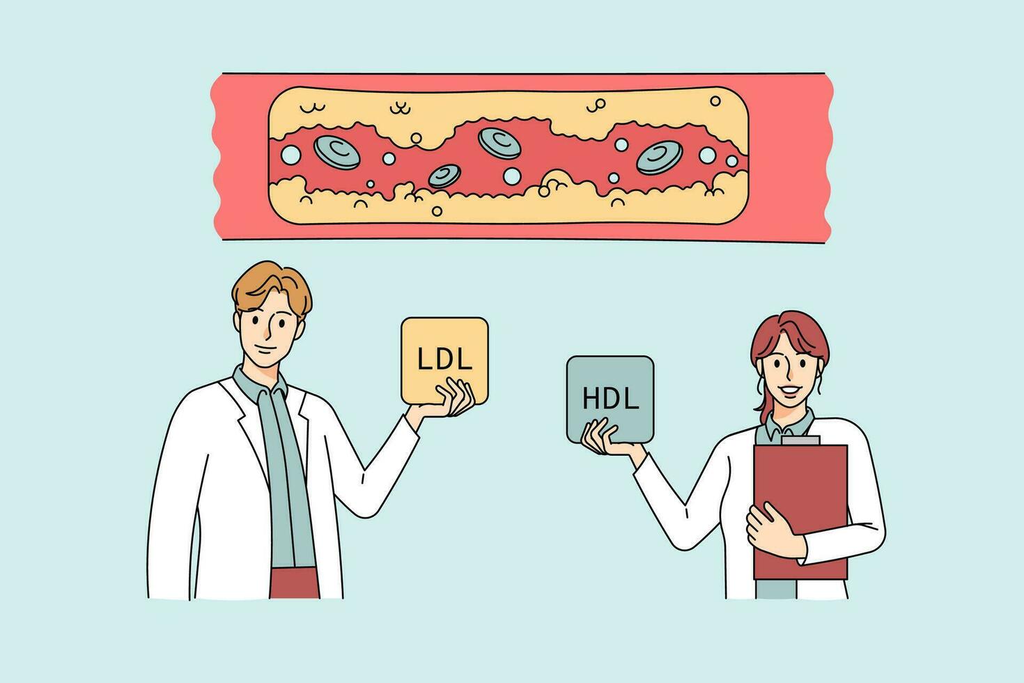 diverso médicos demonstrar colesterol dentro humano corpo embarcações. terapeutas mostrar Alto LDL e hdl níveis dentro bloqueado vascular. placa doença e gordo células conceito. plano vetor ilustração.