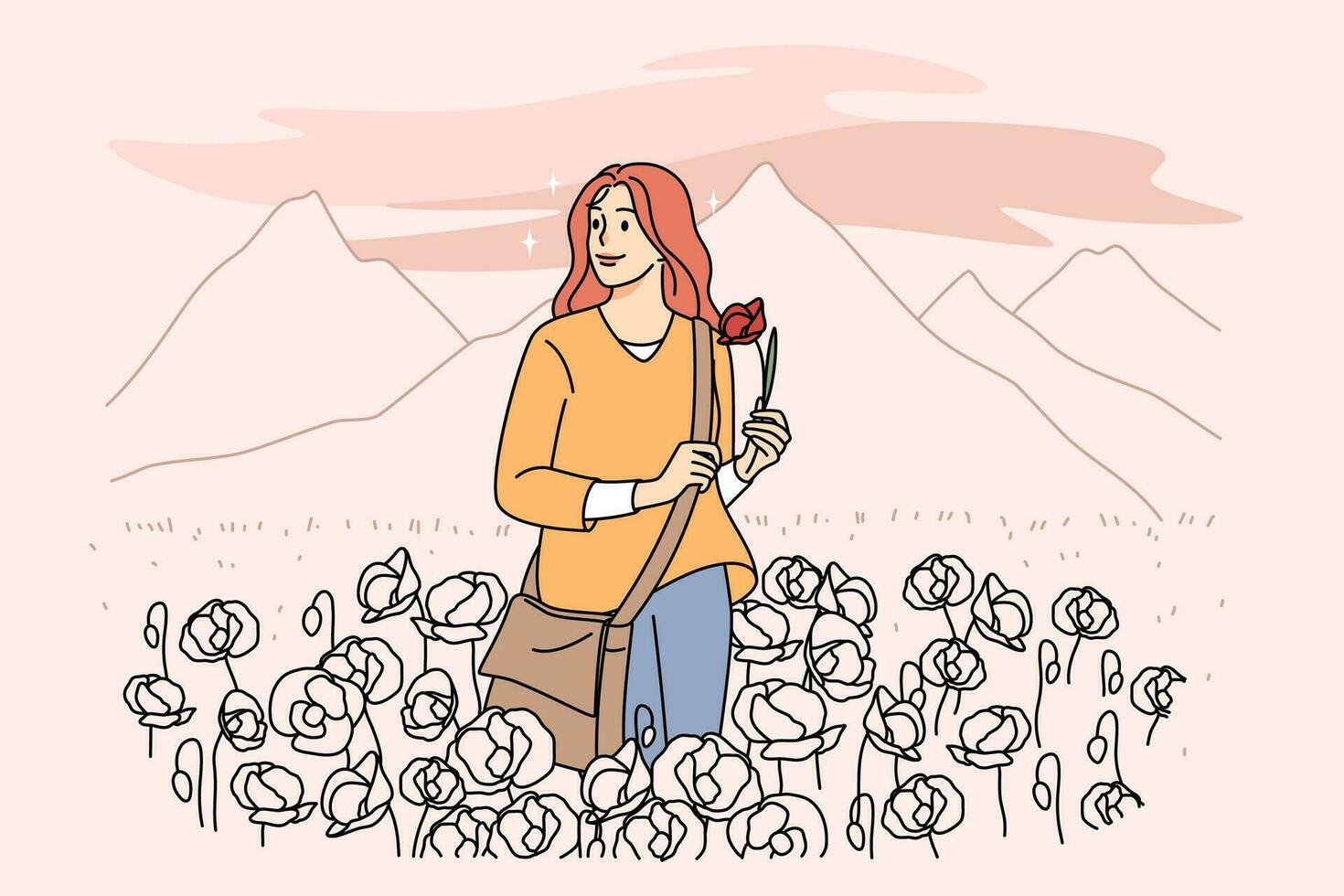 feliz jovem mulher desfrutando ao ar livre natureza paisagens. sorridente milenar menina caminhando em Prado colecionar flores plano vetor ilustração, desenho animado personagem.