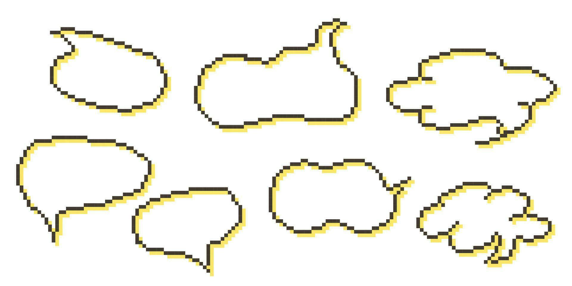 pixel discurso bolha coleção gráfico diálogo caixas. retro jogos 8 mordeu linha texto caixa. amarelo, Preto e branco cor esvaziar pixelizada mensagem bar. citar nuvem quadros. plano Projeto vetor ilustração