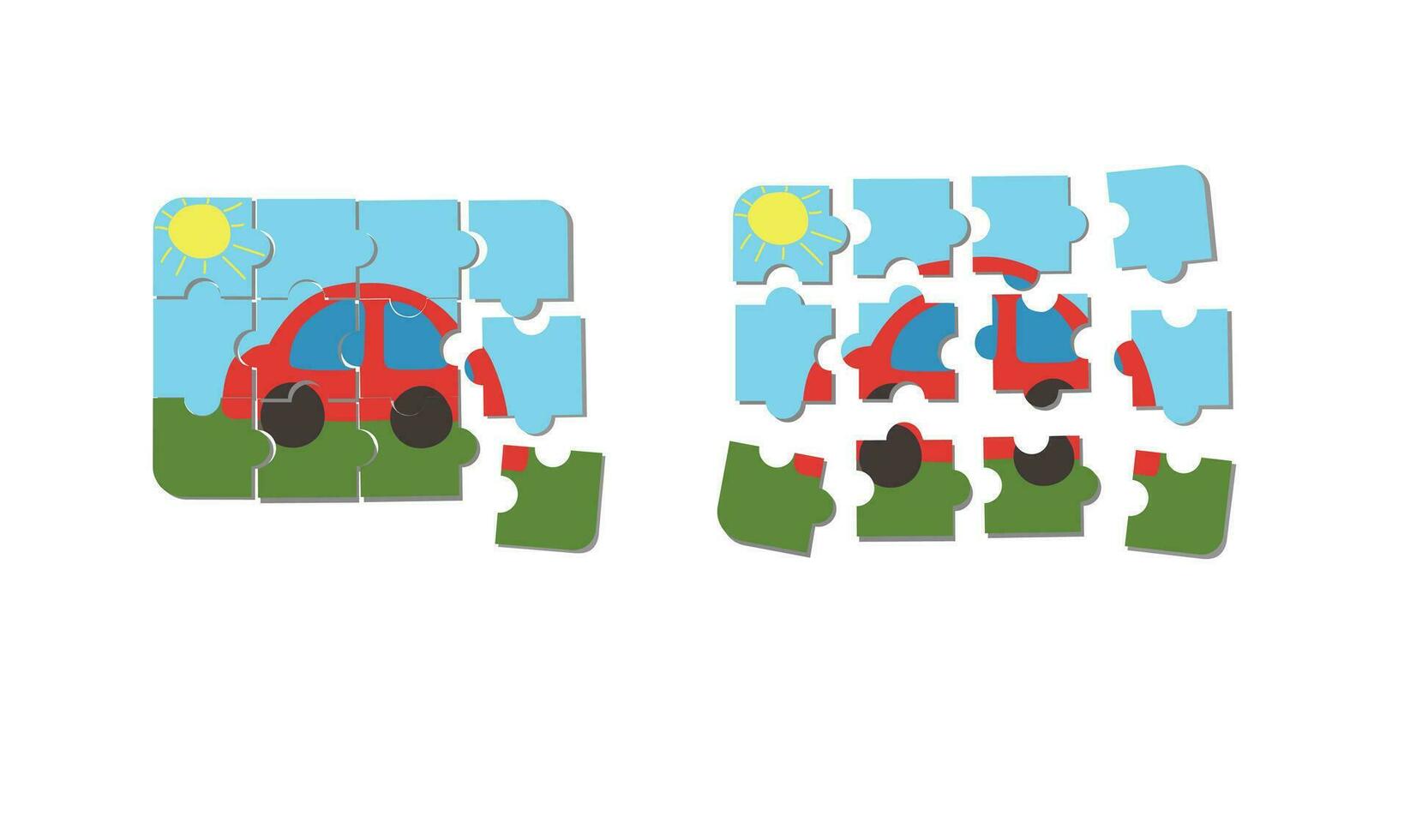 quebra-cabeças enigma jogos com carro cenário. desenho animado vetor ilustração do quebra-cabeças enigma Educação jogos para pré escola crianças com carro. vetor isolado