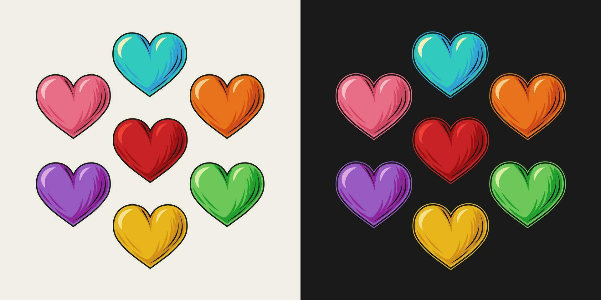 conjunto do colorida vintage corações dentro retro estilo vetor