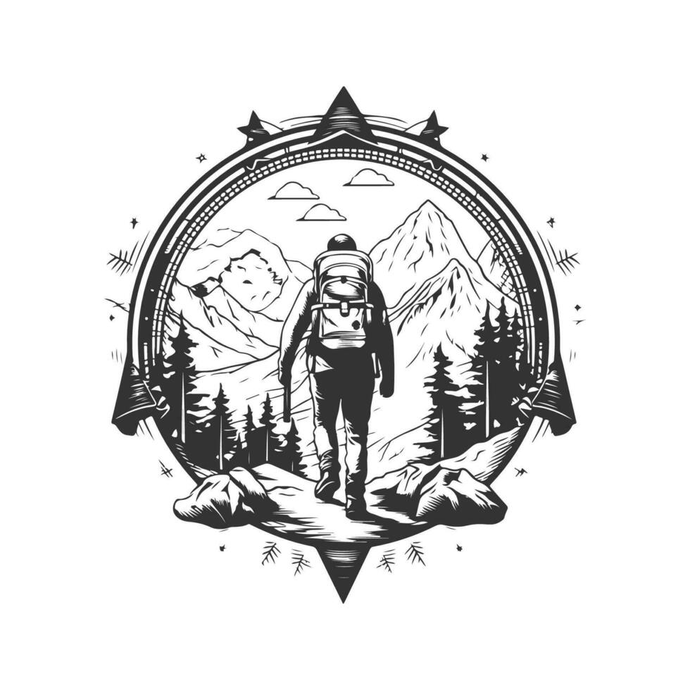aventureiro, vintage logotipo linha arte conceito Preto e branco cor, mão desenhado ilustração vetor