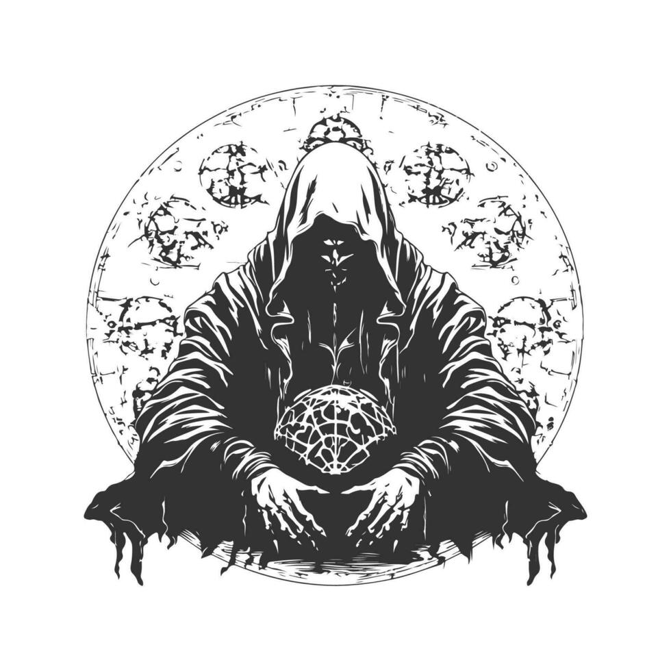 adamantino feiticeiro mercenário do avareza, vintage logotipo linha arte conceito Preto e branco cor, mão desenhado ilustração vetor