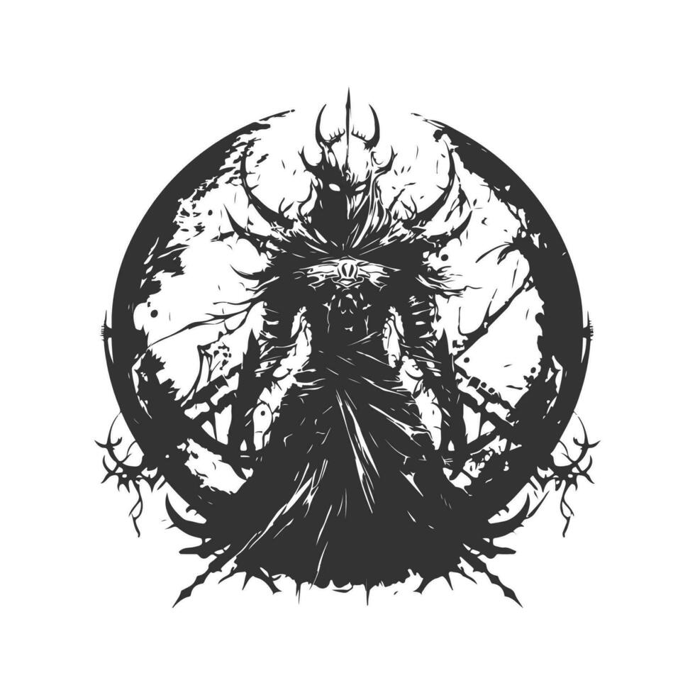 apocalíptico invocador duelista do ira e fogo, vintage logotipo linha arte conceito Preto e branco cor, mão desenhado ilustração vetor