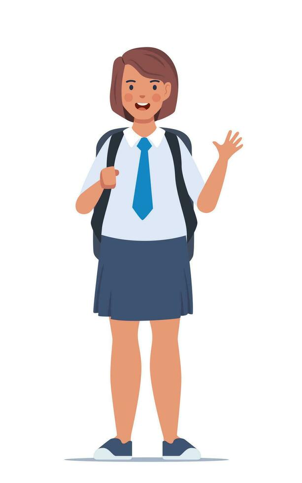 retrato do feliz escola menina com mochila. menina miúdo. costas para escola. vetor ilustração.