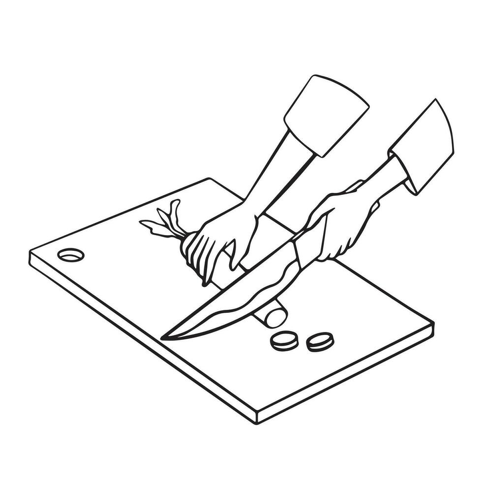 dois mãos com segurando e corte cenoura ou daikon com faca em corte borda vetor ilustração isolado em quadrado branco modelo. simples plano desenho animado delineado desenhando arte estilo.