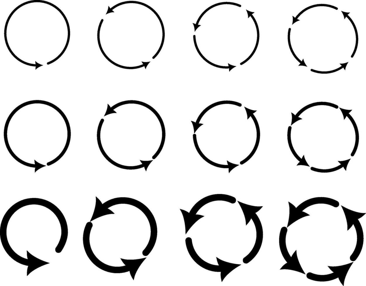 a circular Setas; flechas estão diferente Preto cor, diferente grossura. substituível vetor Projeto.