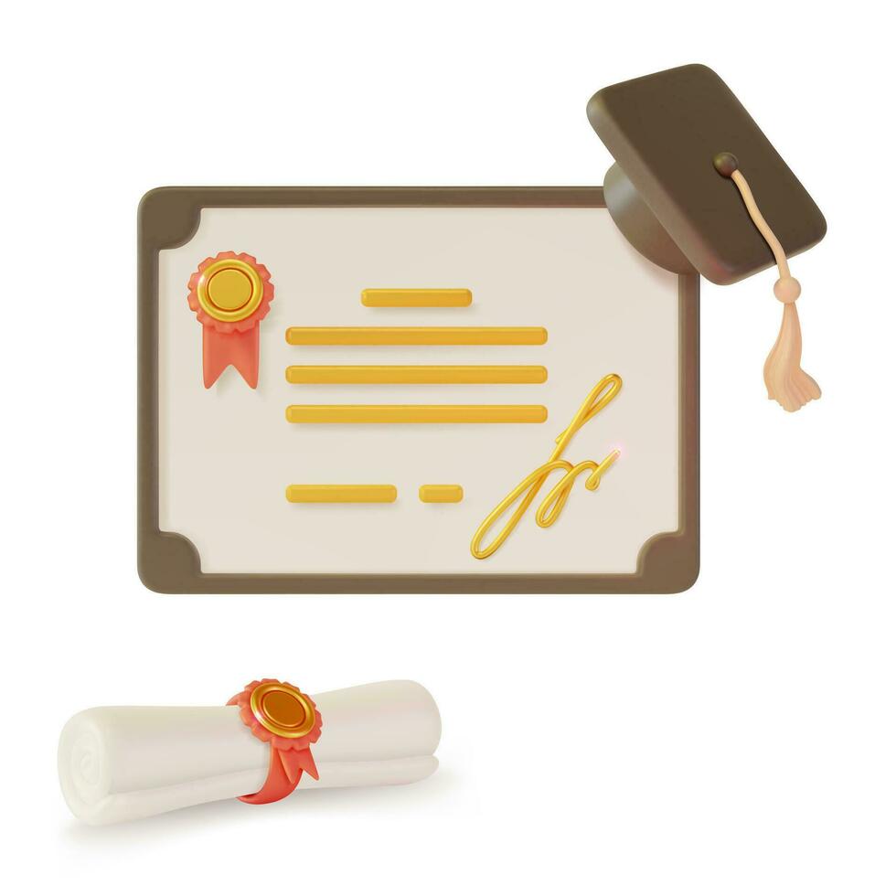 3d qualidade garantia conceito certificado ou diploma carimbado com medalha desenho animado estilo. vetor