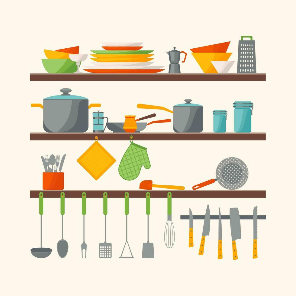 desenho animado cor diferente cozinha prateleiras definir. vetor