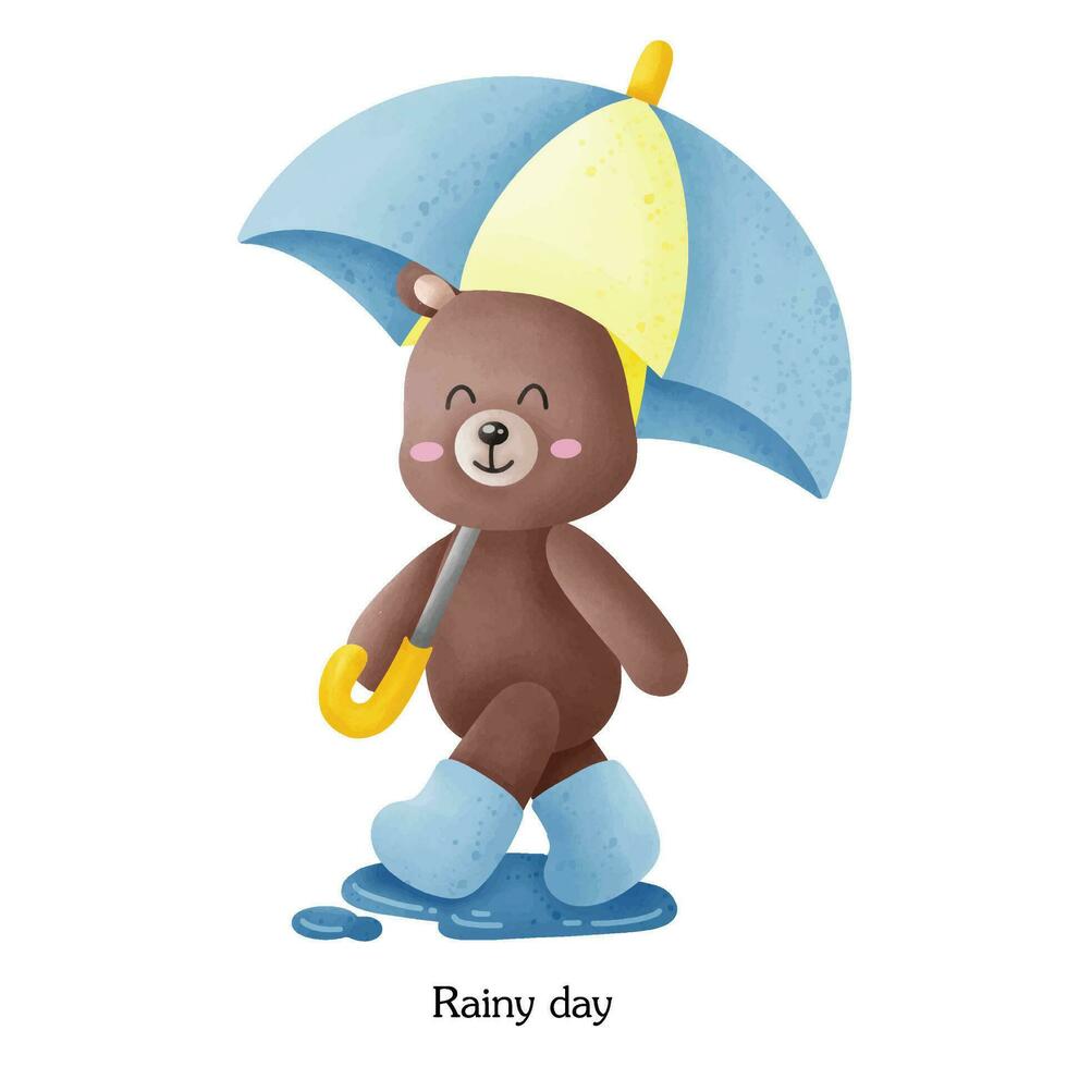 pequeno Urso com amarelo e azul chuva guarda-chuva vetor